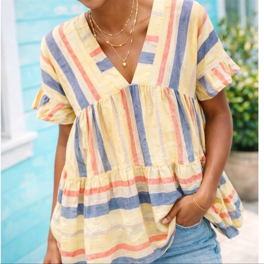 GiGio USA Striped Peasant Boho Blouse Cotton Linen Size M/L